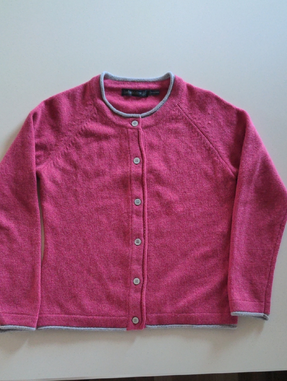 Ireland's Eye Wool/Cashmere Pink Button-Front Cardigan with Contrast Trim